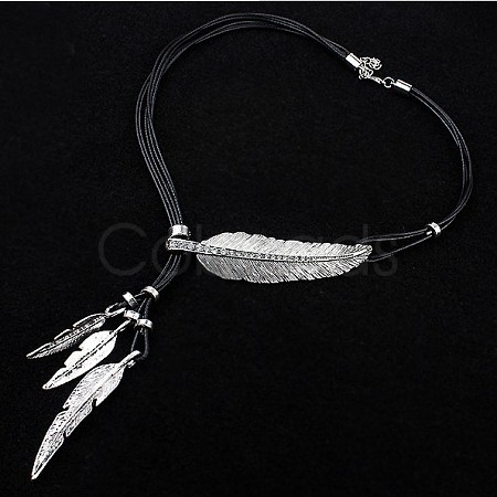 Feather Alloy Crystal Rhinestone Pendant Multi-Strand Black Wax Cord Lariat Necklaces for Women FS-WGEEE72-02-1