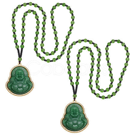 2Pcs Alloy Glass Buddha Pendant Glass Beaded Necklaces NJEW-UN0001-89-1