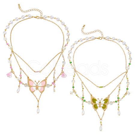 2Pcs 2 Colors Alloy Enamel Butterfly Pendant Double Layer Necklaces for Women NJEW-OC0001-05-1