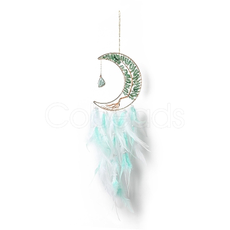 Natural Green Aventurine Chips Beaded Tree of Life Moon with Feather Pendant Decorations HJEW-M004-04-1