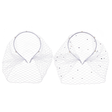 2Pcs 2 Styles Bridal Rhinestones Pearl Mesh Veil Cloth Hair Bands MRMJ-FG0001-16A-1