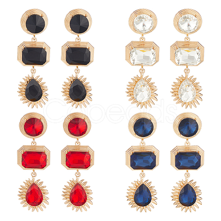 4 Pairs 4 Colors Oval & Teardrop & Rectangle Rhinestone Dangle Stud Earrings EJEW-AN0003-05-1