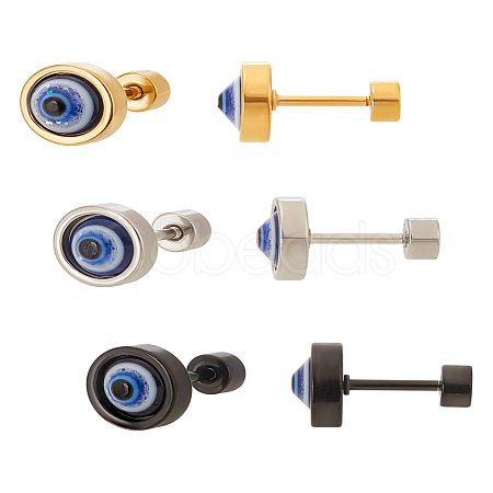 6Pcs 3 Colors Stainless Steel Evil Eye Stud Earrings for Men EJEW-LP0001-68-1
