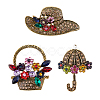 3Pcs 3 Style Colorful Rhinestone Umbrella & Hat & Flower Basket Brooch Pin JEWB-FH0001-13-1