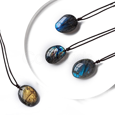 Natural Labradorite Oval Pendant Necklaces PW-WGBBC83-01-1