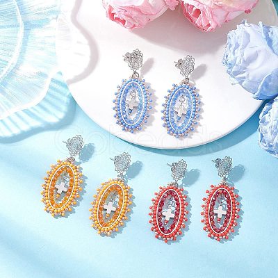 3 Pairs Cross Oval Glass Seed Bead Woven Stud Earrings EJEW-MZ00595-1