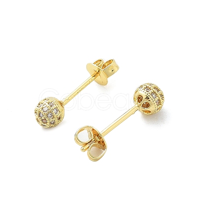Round Brass Micro Pave Clear Cubic Zirconia Stud Earrings EJEW-D311-107G-1