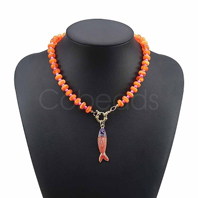 Bohemian Alloy Enamel Fish Pendant Rondelle Resin Beaded Necklaces for Women WGAFD1E-02-1