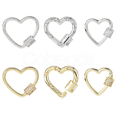 6Pcs 6 Styles Brass Micro Pave Clear Cubic Zirconia Screw Carabiner Lock Charms ZIRC-DC0001-40-1