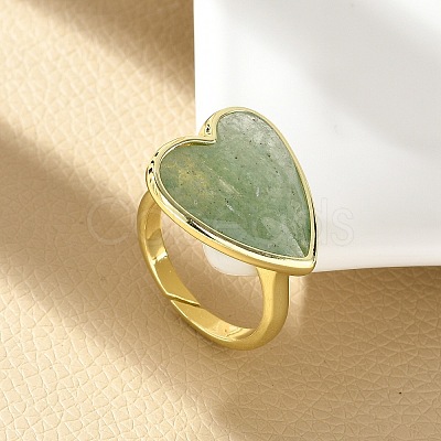 Heart Brass Natural Green Strawberry Quartz Finger Rings X-RJEW-D304-01G-C-1