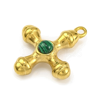 Synthetic Malachite & 304 Stainless Steel Cross Pendants STAS-H221-01G-04-1