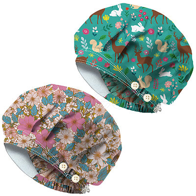 2Pcs 2 Styles Cotton Adjustable Printed Bouffant Hats Working Caps for Women Men AJEW-DR0002-26B-1