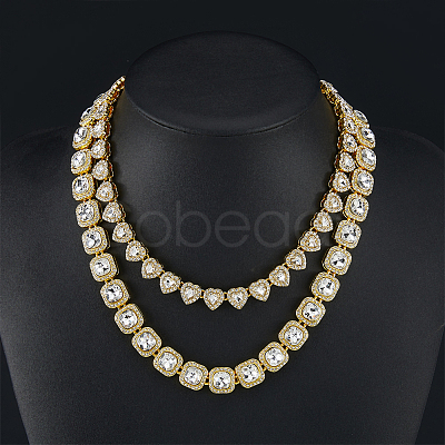 2Pcs 2 Styles Zinc Alloy Pave Square/Heart Clear Glass Tennis Necklaces for Womem NJEW-SP0001-08G-1