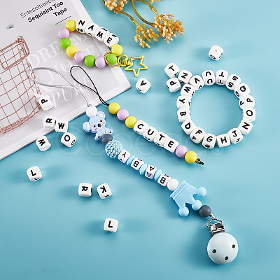 20Pcs White Cube Letter Silicone Beads SIL-YWC0003-06I-1