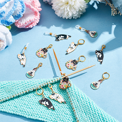 Cat Alloy Enamel Locking Stitch Markers & Needle Cap Set HJEW-NB00142-1