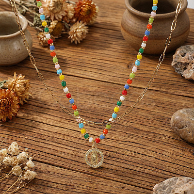 Boho Brass Crystal Rhinestone Religion Virgin Pendant Rainbow Glass Seed Beaded Double Layer Necklaces with Stainless Steel Paperclip Chains EI6810-1-1