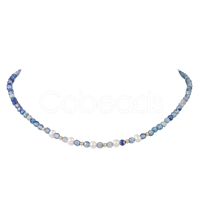 4MM Natural Agate(Dyed & Heated) Faceted Round & Potato Natural Pearl Beaded Necklaces NJEW-JN06031-1
