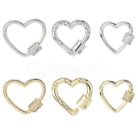 6Pcs 6 Styles Brass Micro Pave Clear Cubic Zirconia Screw Carabiner Lock Charms ZIRC-DC0001-40-1