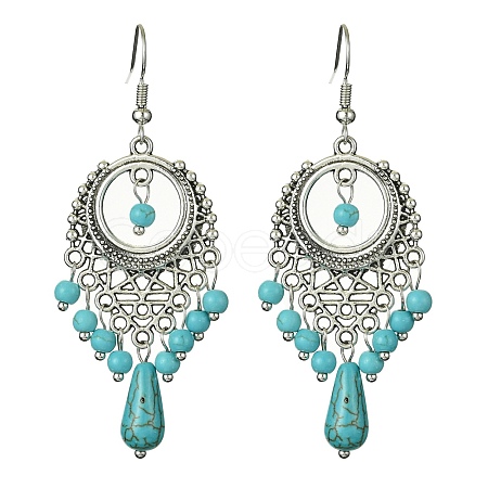 Synthetic Turquoise Beaded Long Drop Earrings EJEW-JE05389-02-1
