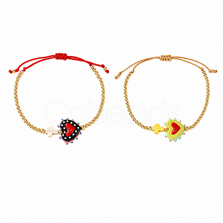 2Pcs 2 Colors Dyed Synthetic Turquoise Cross and Glass Heart Braided Bead Bracelets for Women PE0777-8-1