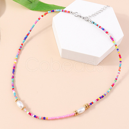 Glass Seed Beaded with Oval Plastic Pearl Beaded Necklaces for Women FS-WGE85A7-04-1