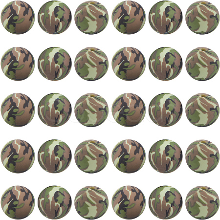 30pcs Round with Camouflage Pattern Silicone Focal Beads SIL-SC0002-03A-1
