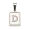 304 Stainless Steel Pave Natural White Shell Pendants, Rectangle with Letter Charms, Stainless Steel Color, Letter D, 17.5x12x1.5mm, Hole: 6x3mm