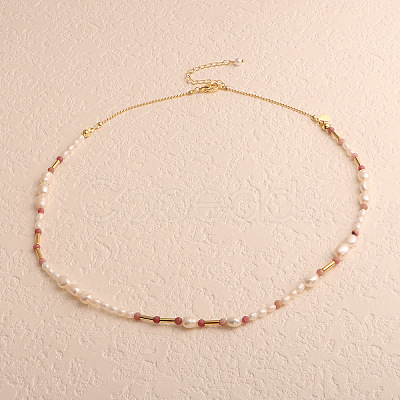 Natural Freshwater Pearl Rice & Natural Rhodonite Faceted Round Beaded Necklaces FS-WG15240-05-1