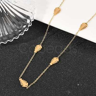 304 Stainless Steel Fish Bone Shaped Link Chain Necklaces for Women NJEW-A064-04G-1