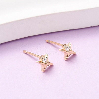 Brass Micro Pave Clear Cubic Zirconia Star Stud Earrings EJEW-L278-02G-1
