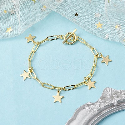 Golden 304 Stainless Steel Charm Bracelets with Brass Paperclip Chains BJEW-JB10031-01-1