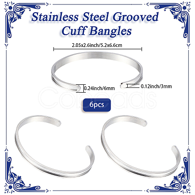 6Pcs C-Shaped 201 Stainless Steel Grooved Cuff Bangles STAS-BBC0008-40-1
