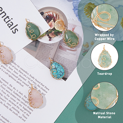 6Pcs 3 Styles Mixed Gemstone Copper Wire Wrapped Pendants FIND-FH0007-92-1
