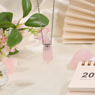1Pc Natural Rose Quartz Faceted Pointed Bullet Shaped Perfume Bottle Pendant Necklaces NJEW-FH0001-38P-05-1