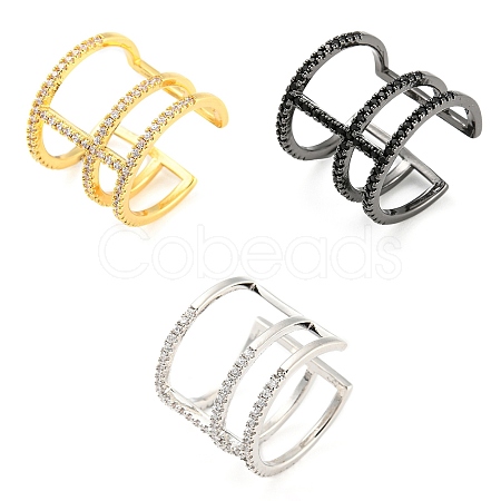 Brass Triple Lines Open Cuff Ring with Cubic Zirconia RJEW-Q781-03-1