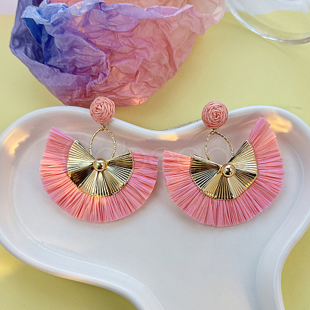 Bohemian Style Fan Alloy Raffia Dangle Stud Earrings FS-WGD68B3-09-1