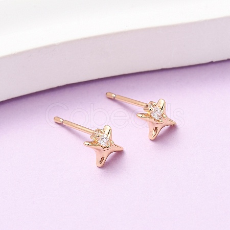 Brass Micro Pave Clear Cubic Zirconia Star Stud Earrings EJEW-L278-02G-1