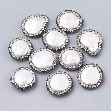 Flat Round Polymer Clay Rhinestone Natural Freshwater Shell Beads SHEL-R010-08-1