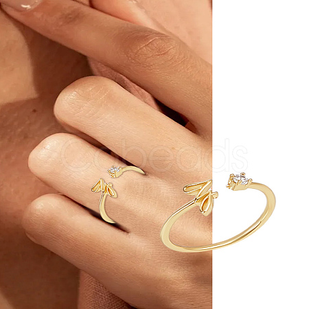 1Pc Letter Brass Rhinestone Open Cuff Rings for Women AJEW-LP0004-47Z-G-1