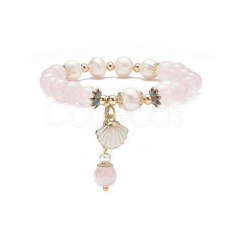 Natural Rose Quartz & Pearl Stretch Bracelet BJEW-JB09224-01-1