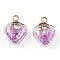 Glow in the Dark Luminous Glass Pendants, with Golden Plastic Pendant Bails and Resin Rhinestone Inside, Heart Charms, Orchid, 20x15x9mm, Hole: 2mm