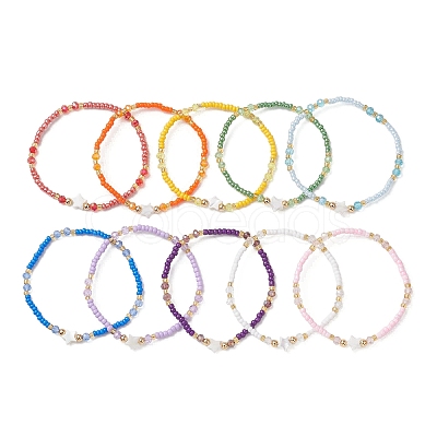 10Pcs Glass Seed Beads & Glass & Natural Trochid Shell Beaded Stretch Bracelets for Women BJEW-MZ00285-1