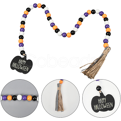 Round Wooden Beaded Halloween Decoration AJEW-WH20019-61-1