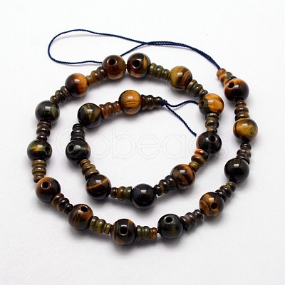 Natural Yellow Blue Tiger Eye(Dyed & Heated) 3-Hole Guru Bead Strands G-K149-08-1