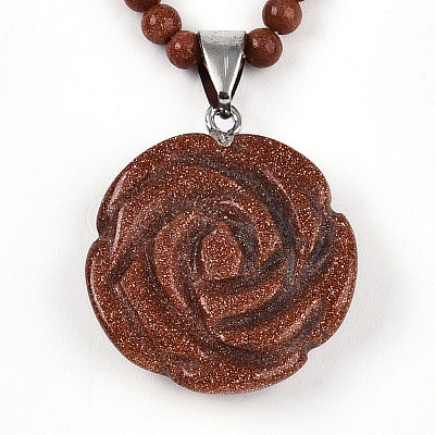Synthetic Goldstone 4.5mm Round Beaded Flower Pendant Necklaces NJEW-T016-04J-1