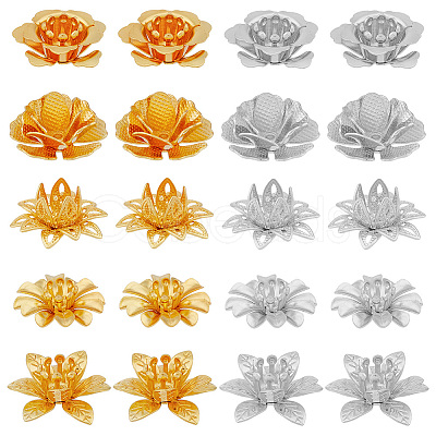 60Pcs 10 Style 3D Brass Bead Caps KK-FH0006-47-1