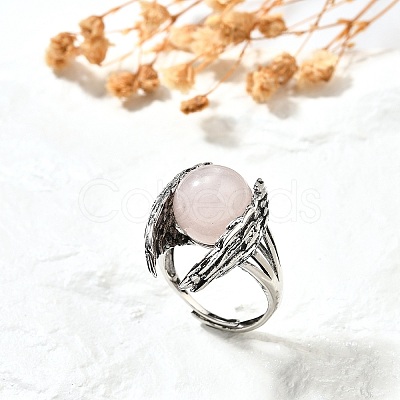 Natural Rose Quartz Wings Adjustable Rings RJEW-K241-04AS-13-1