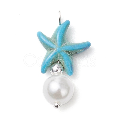 Dyed Synthetic Turquoise Starfish & ABS Plastic Imitation Pearl Pendants PALLOY-JF03794-1