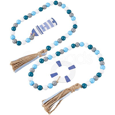 2Pcs 2 Styles Wood Beaded Hanging Ornaments HJEW-GF0001-56B-1