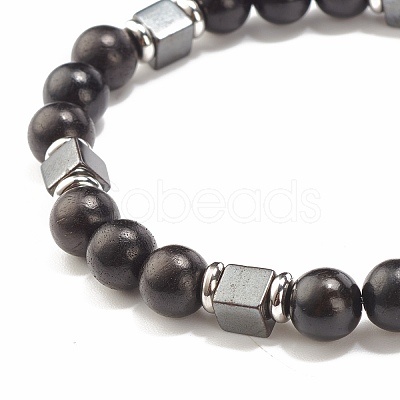 Natural Wood & Synthetic Hematite Beaded Stretch Bracelet BJEW-JB07928-1
